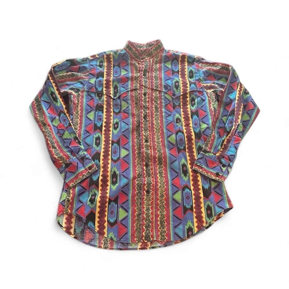 Vintage Ruddock Western Shirt Men Bold Aztec Southwest Print Embroidered Y2K 80s